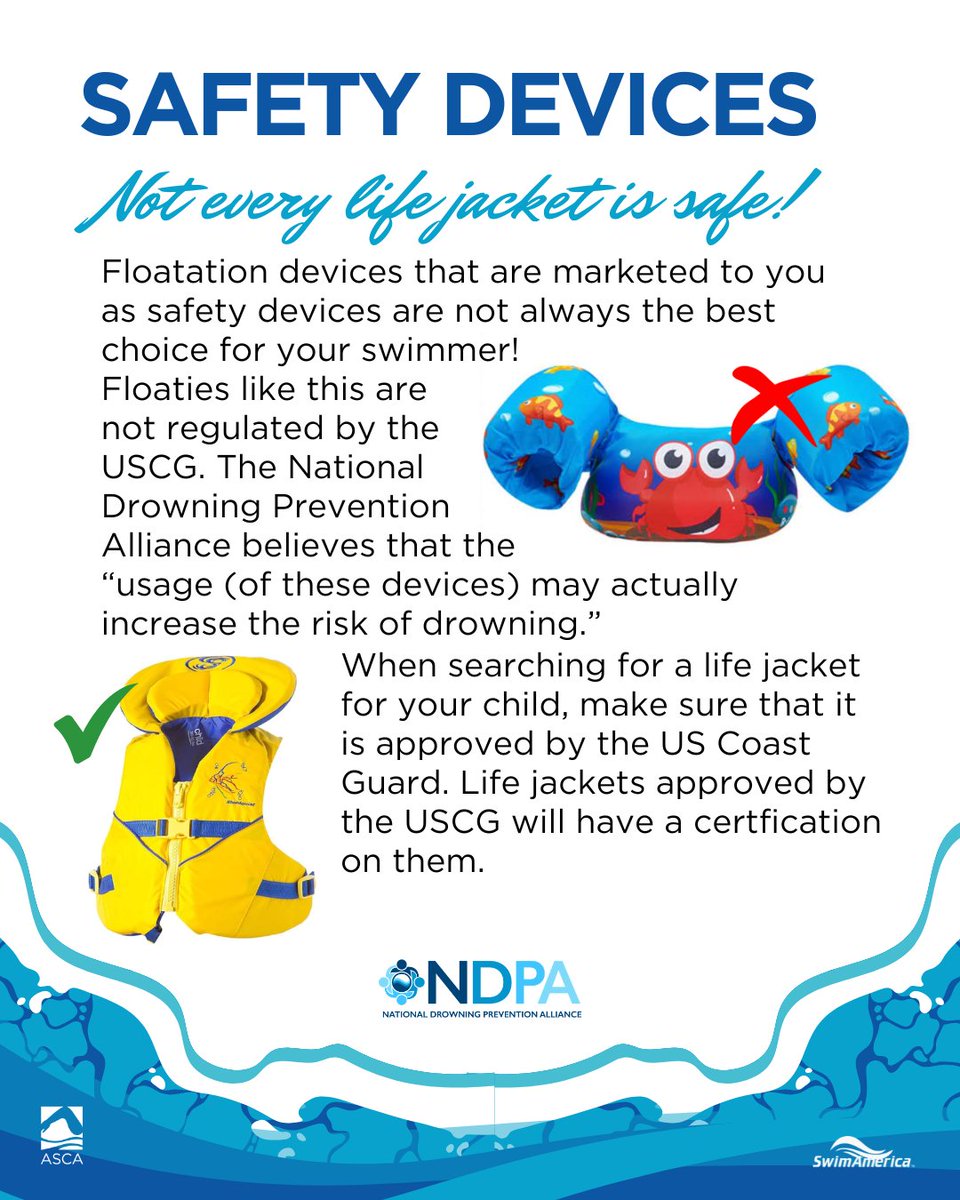 ASCAswim's tweet photo. Did you know that not all life jackets are legally safe? And that it matters what color suit you wear in the water?

May is National Water Safety Month and we're bringing you tips and tricks to keep yourself and your swimmers safe.

#SwimAmerica #WaterSafety #LearntoSwim #ASCA https://t.co/MMdME1Hb7L