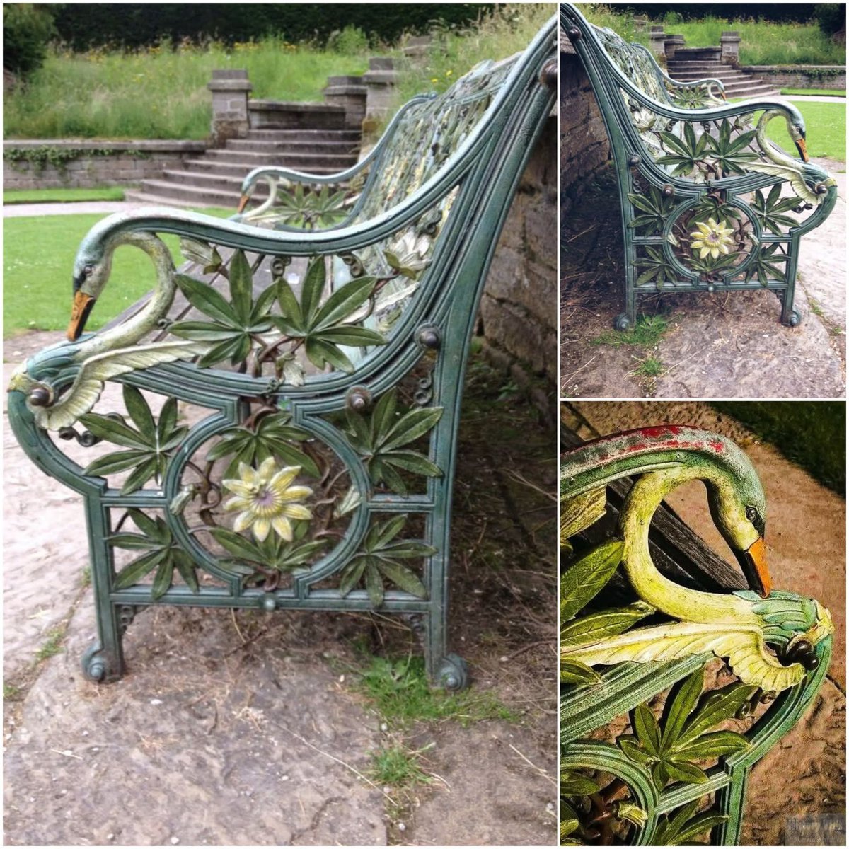 LeoDaVinciWave's tweet photo. This is a Coalbrookdale "Swan" cast iron garden bench from Chatsworth, England. https://t.co/32khsd25SL