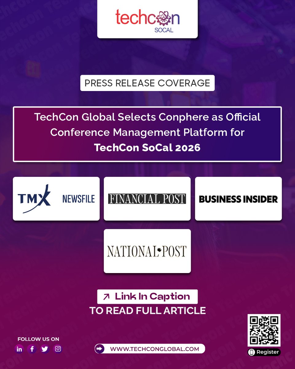 TechCon_Global's tweet photo. 𝗣𝗿𝗲𝘀𝘀 𝗥𝗲𝗹𝗲𝗮𝘀𝗲 𝗖𝗼𝘃𝗲𝗿𝗮𝗴𝗲 📰

𝗧𝗲𝗰𝗵𝗖𝗼𝗻 𝗚𝗹𝗼𝗯𝗮𝗹 𝗦𝗲𝗹𝗲𝗰𝘁𝘀 𝗖𝗼𝗻𝗽𝗵𝗲𝗿𝗲 𝗮𝘀 𝘁𝗵𝗲 𝗢𝗳𝗳𝗶𝗰𝗶𝗮𝗹 𝗖𝗼𝗻𝗳𝗲𝗿𝗲𝗻𝗰𝗲 𝗠𝗮𝗻𝗮𝗴𝗲𝗺𝗲𝗻𝘁 𝗣𝗹𝗮𝘁𝗳𝗼𝗿𝗺 𝗳𝗼𝗿 𝗧𝗲𝗰𝗵𝗖𝗼𝗻 𝗦𝗼𝗖𝗮𝗹 𝟮𝟬𝟮𝟲.

TechCon Global has announced Conphere as the official conference management and attendee engagement platform for TechCon SoCal 2026, taking place 𝗠𝗮𝘆 𝟮𝟭–𝟮𝟯 𝗮𝘁 ���𝗮𝗻 𝗗𝗶𝗲𝗴𝗼 𝗦𝘁𝗮𝘁𝗲 𝗨𝗻𝗶𝘃𝗲𝗿𝘀𝗶𝘁𝘆.

This collaboration will help power a more connected conference experience through agenda management, speaker and sponsor visibility, attendee networking, direct messaging, meeting scheduling, live announcements, exhibitor discovery, and personalized event planning.

As TechCon SoCal brings together founders, investors, executives, researchers, startups, and technology leaders, Conphere will support the event’s mission to create meaningful networking, smoother event operations, and stronger business development opportunities across the innovation and investment ecosystem.

This press release highlights TechCon Global’s continued focus on building high-value, technology-enabled conference experiences for the future of innovation.

𝗥𝗲𝗮𝗱 𝘁𝗵𝗲 𝗳𝘂𝗹𝗹 𝗽𝗿𝗲𝘀𝘀 𝗿𝗲𝗹𝗲𝗮𝘀𝗲:

𝗧𝗠𝗫 𝗡𝗲𝘄𝘀𝗳𝗶𝗹𝗲: https://t.co/Md5RiFINv0

𝗙𝗶𝗻𝗮𝗻𝗰𝗶𝗮𝗹 𝗣𝗼𝘀𝘁: https://t.co/DZsP4h7hvZ

𝗕𝘂𝘀𝗶𝗻𝗲𝘀𝘀 𝗜𝗻𝘀𝗶𝗱𝗲𝗿: https://t.co/akajnhigNt

𝗡𝗮𝘁𝗶𝗼𝗻𝗮𝗹 𝗣𝗼𝘀𝘁: https://t.co/jyMs4hEMuq

𝗥𝗲𝗴𝗶𝘀𝘁𝗲𝗿 𝗻𝗼𝘄: https://t.co/drUEvgcc26

#TechConGlobal #TechConSoCal #InvestmentConference #SanDiegoTech #PressRelease #Conphere