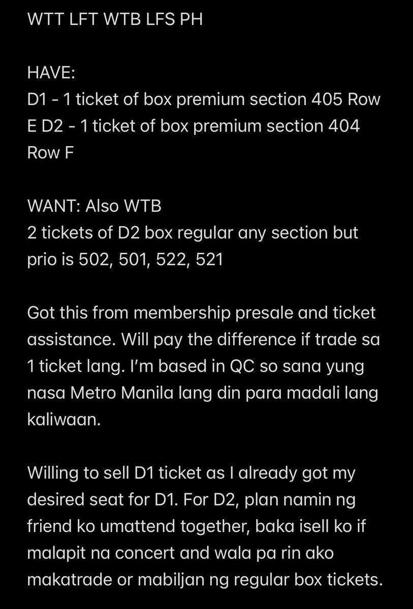 keyteeeuuu's tweet photo. WTT LFT WTB LFS PH

HAVE:
D1 - 1 ticket of box premium section 405 Row E D2 - 1 ticket of box premium section 404 Row F

WANT: Also WTB
2 tickets of D2 box regular any section but prio is 502, 501, 522, 521 https://t.co/OWG9s7b4ST