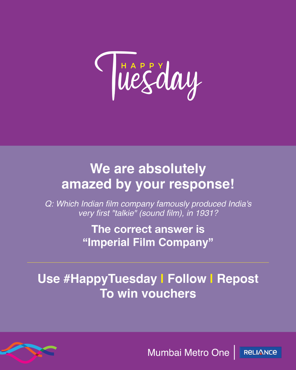 MumbaiMetro01's tweet photo. A huge thank you to all for participating. 

Prizes will be awarded to 50 winners, first 25 correct entries and additional 25 winners by draw.

Mention #HappyTuesday with your answer, follow us and repost to participate and win every Tuesday.

#Contestalert #winprizes #HappyTuesday #congratulations #mumbaimetro