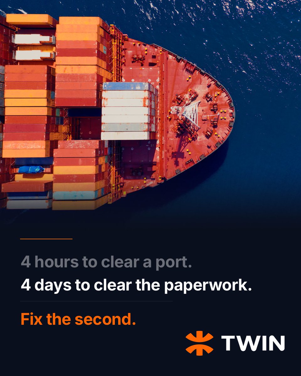 TWINGlobalOrg's tweet photo. A shipment can clear a port in 4 hours. 
The documents authorizing it can take 4 days. 

The goods aren't the bottleneck. 
The paper trail is. 

It doesn't have to be. 

#TrustedTrade https://t.co/2xSj9L5h78
