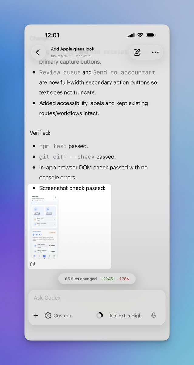 Codex mobile screenshot showing verification checks, screenshot evidence, and a mobile input bar for supervising tasks away from the desk