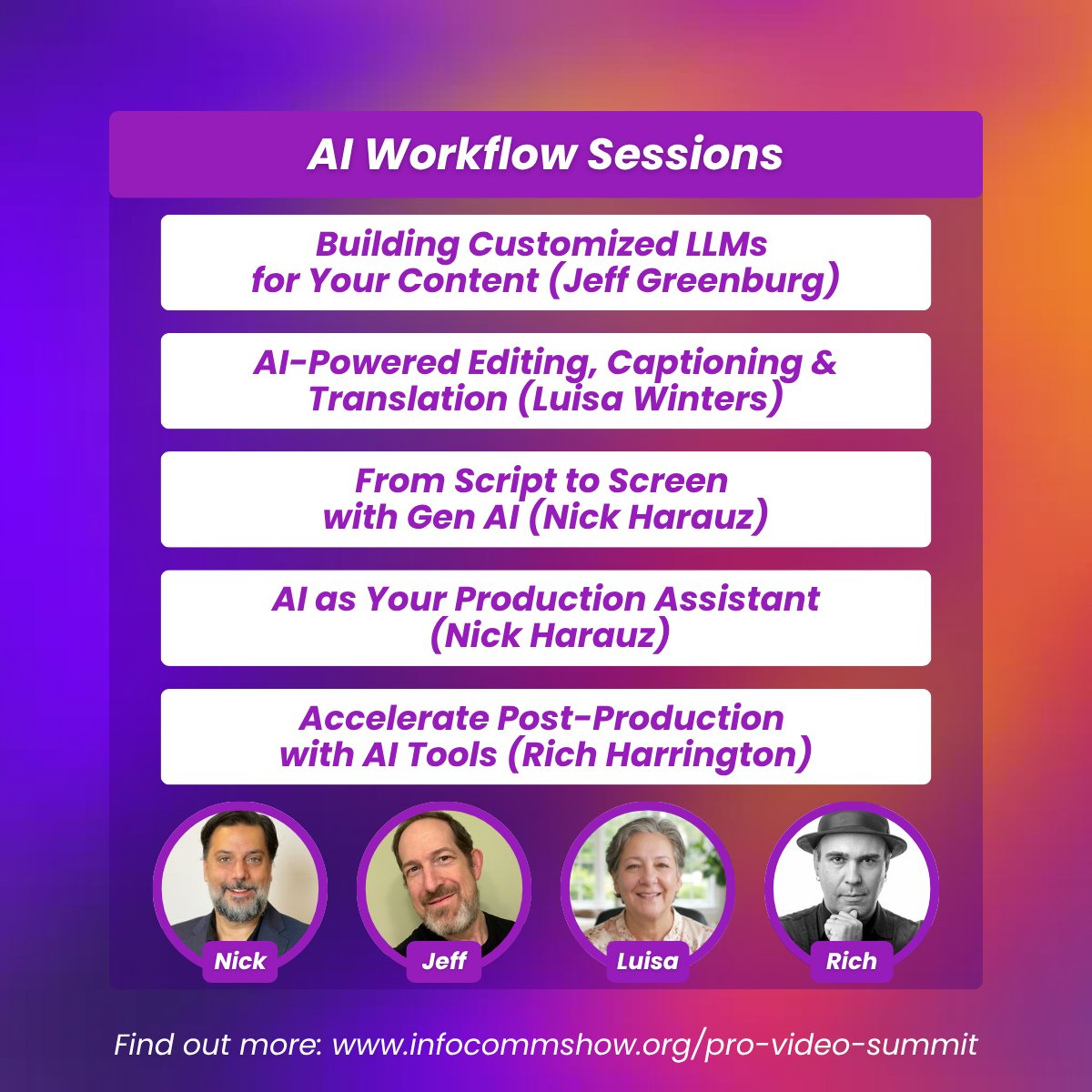 FMC_Conferences's tweet photo. Six AI-workflow sessions at Pro Video Summit. Custom LLMs. AI-assisted editing. Script-to-screen with Gen AI. Real workflows, no theory. June 17–18 Vegas.  #ProVideoSummit #InforComm2026 @InfoComm https://t.co/Tu8mjnTj9q