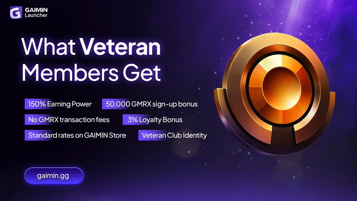 GAIMIN's tweet photo. For the gamer who wants more back from every session.... This is what Veteran Level gets you in GAIMIN Club.

(This is where the Earn Engine starts working harder for you.)

Veteran members get:

- 150% Earning Power: 50% more GMRX for every hour you play
- 50,000 GMRX sign-up bonus (annual plan)
- No GMRX transaction fees
- Standard rates on the GAIMIN Store
- Veteran Club Identity
- GAIMIN Club Discord access
- 3% Loyalty Bonus [Coming Soon]

The math is simple. More hours = more GMRX = more store credit.

Founding Member pricing drops May 26. Limited spots.

=> See everything you get when you join GAIMIN Club, link posted in the Discord: https://t.co/OxwopYFA75

(Join the Discord waitlist to see everything you get when you join, view the AMA and be first in line to grab a limited Founding Member slot.)