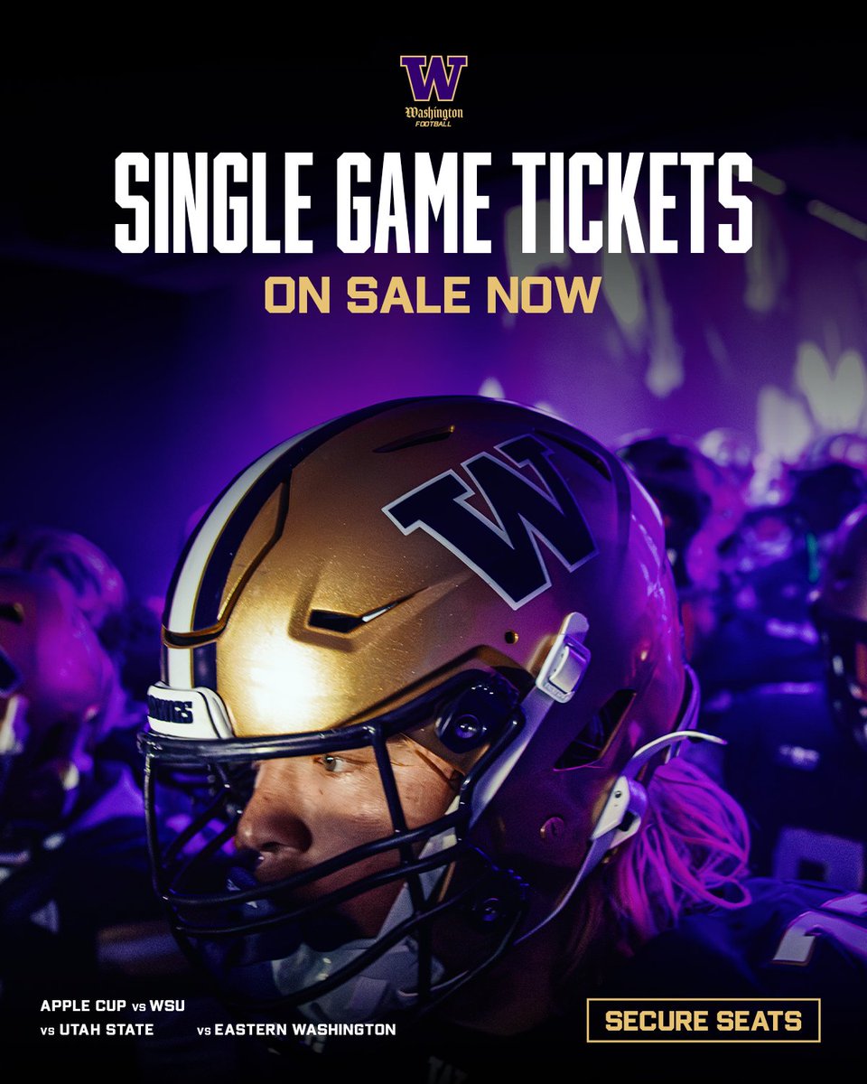 UW_Football's tweet photo. 🎟️ Single-game tickets are now available for select UW Football home games this fall, including the Boeing Apple Cup, Utah State, and Eastern Washington.

➡️ https://t.co/qMpAThbq0J https://t.co/H9MCjQO2eF