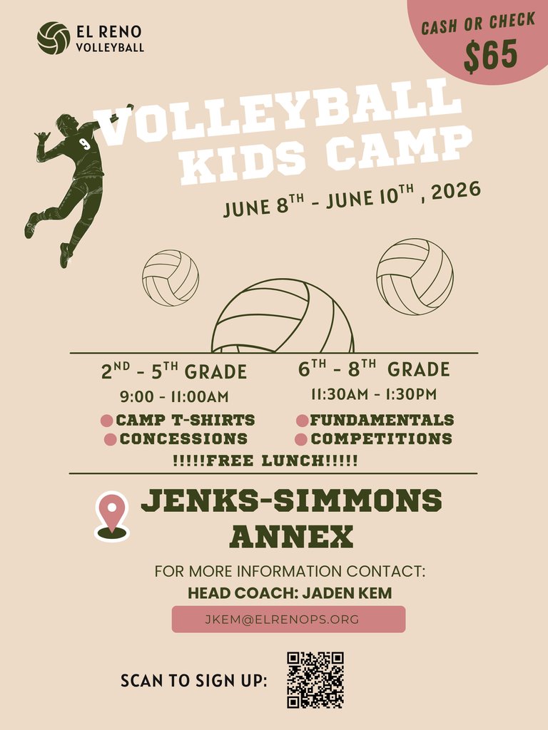 elrenops's tweet photo. Calling all future volleyball stars in grades 2nd–8th! Join us for Volleyball Camp June 8–10! Cost is $65 and campers will build skills, teamwork, and have tons of fun on the court.

📲 Scan the QR code to register today!
❓Questions? Contact jkem@elrenops.org https://t.co/gnqQXlHg0y
