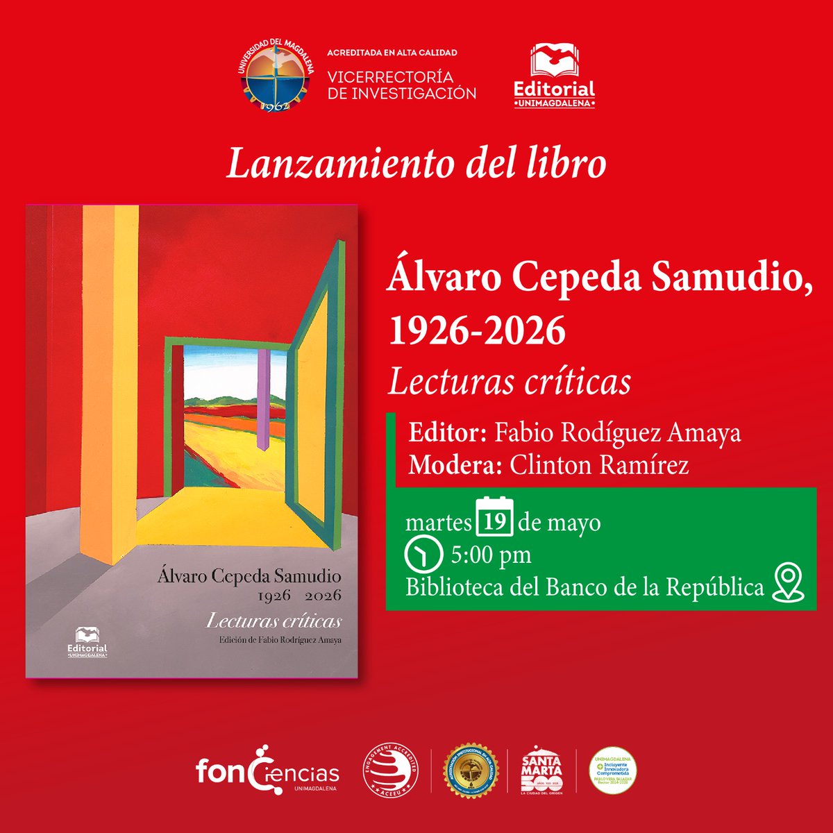 UMEditorial's tweet photo. Este martes tendremos el lanzamiento del libro 'Álvaro Cepeda Samudio, 1926-2026. Lecturas Críticas' en la Biblioteca del Banco de la República. 

Conoce toda la información en el banner ⬇️

!Te esperamos¡ https://t.co/u0kYBQv7R5