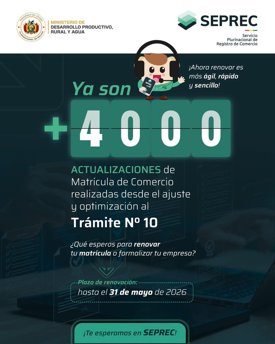 SEPRECBolivia's tweet photo. 🙋🏻 Más de 4.000 actualizaciones de Matrícula de Comercio ya fueron realizadas gracias a la optimización del Trámite N.º 10. 📃✅

⏳ Renueva hasta el 31 de mayo de 2026 y recibe tu certificado al momento.

#SEPREC #Renovación2026 #MatrículaDeComercio https://t.co/149WibrWTP