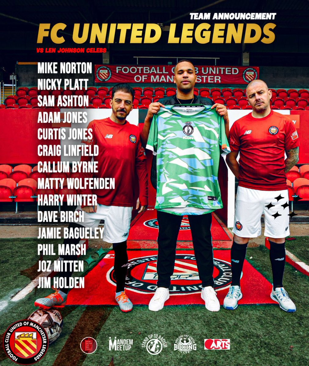 FCUnitedMcr's tweet photo. Introducing our first batch of FC United Legends returning to Broadhurst Park this July! ☀️

Will it be revenge or repeat as they take on the Len Johnson Celebs in the Trilogy match?🤔

🏟️ Broadhurst Park
🗓️ 12th July
⚽️ 3PM Kick Off 
🎫 https://t.co/o39B4eW1e6 https://t.co/5aM4mNSVJI