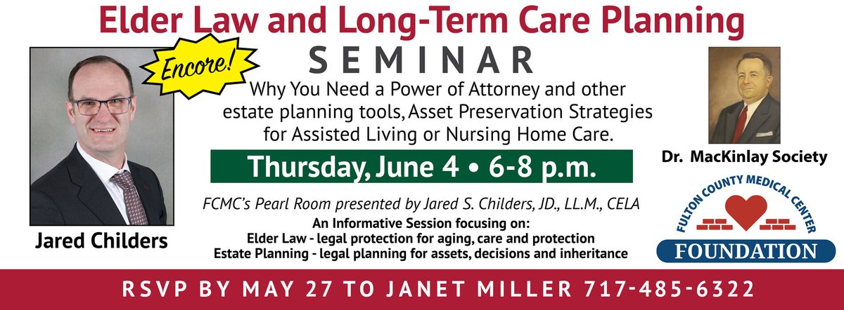 FCMCPA's tweet photo. Encore! 📢
Elder Law &amp; Long-Term Care Planning Seminar
🗓 June 4 | ⏰ 6–8 PM
📍 FCMC
Learn about estate planning, asset protection &amp; power of attorney.
📞 RSVP by May 27: 717-485-6322 https://t.co/n63TETfMSJ
