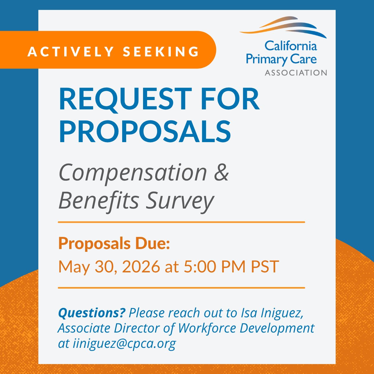 CPCA's tweet photo. 📢CPCA is soliciting proposals from consulting firms to conduct a statewide health center compensation &amp; benefits survey. Proposals are due via submission form no later, May 30, 2026. 🔗Please see the RFP for details: https://t.co/lRts9eiN77🚨Due: May 30, 2026 https://t.co/3He5rIWrzW