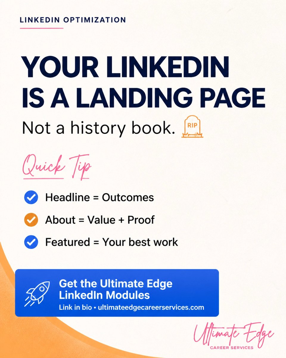 ScottieCaudle's tweet photo. Your LinkedIn isn't a graveyard: it’s a landing page for your future. 🪦

Recruiters hire for impact.

Here’s the truth: optimize to stand out.

Grab my modules:
https://t.co/r0FmZ4zjAf
#LinkedInTips #CareerGrowth #JobSearchStrategy #CareerCoaching https://t.co/qpo5mbnOeJ