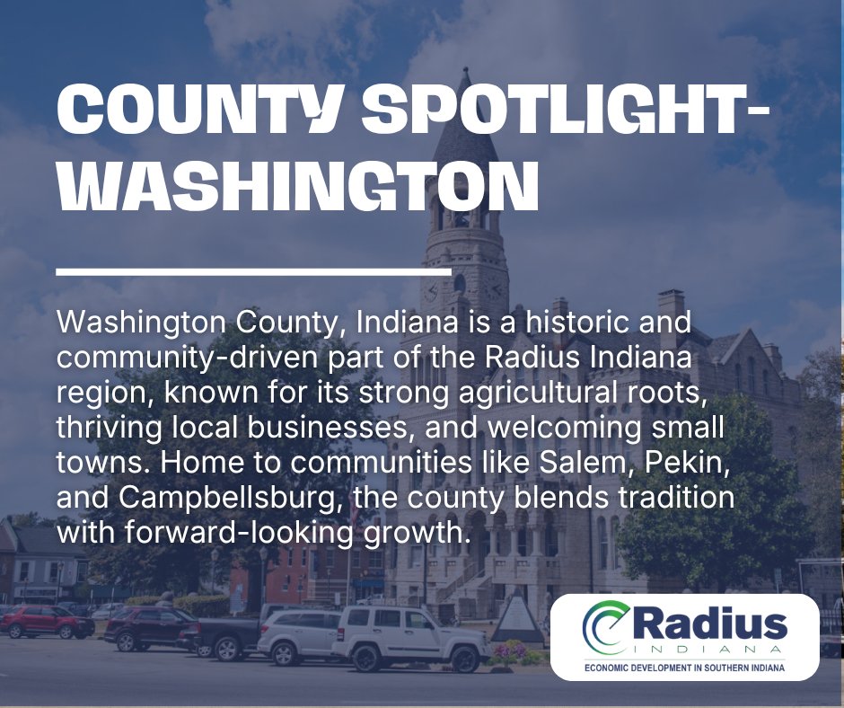 RadiusIndiana's tweet photo. County Spotlight: Washington County
From local businesses to downtown revitalization efforts, Washington County continues to grow while honoring its rich agricultural heritage. As part of the Radius Indiana region, it plays a key role in shaping Southern Indiana’s future. https://t.co/Zoq0trqjyu