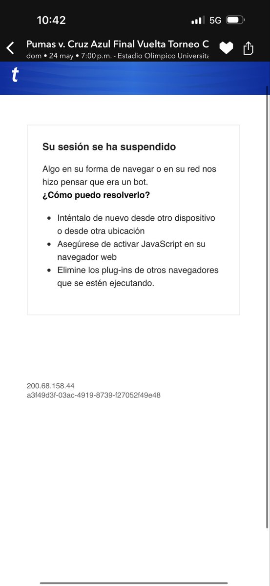 grissicoa's tweet photo. @Kicksglez_ @Ticketmaster_Me Me hicieron lo mismo ya era mi turno para comprar boletos y me apareció lo mismo 😣 https://t.co/5ss1Di5oep