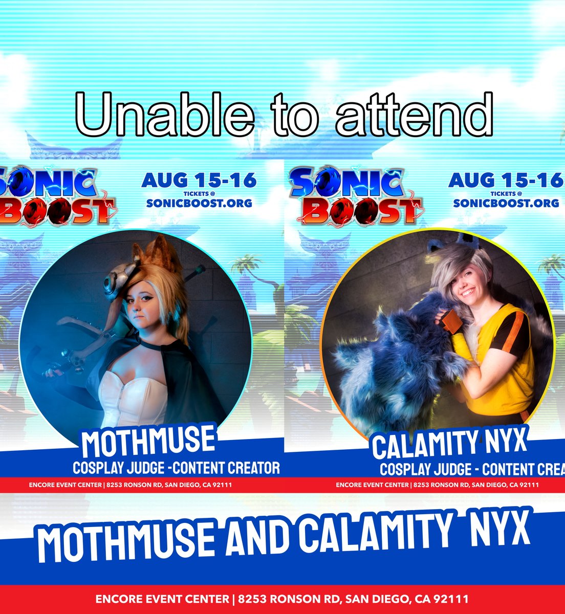 sonicboostcon's tweet photo. We regret to inform you that Mothmuse and Calamity Nyx will not be able to attend Sonic Boost due to health related reasons. We wish them the best and hope to welcome them to a future event. https://t.co/pE2nRaOPPl