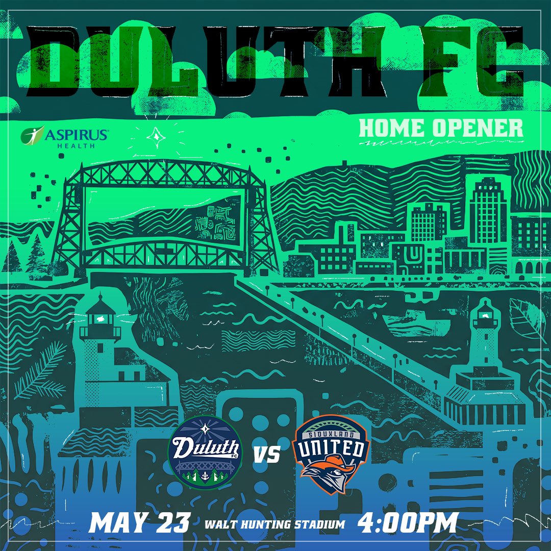 DuluthFC's tweet photo. Home Opener on Saturday night. ⚓️⚽

We kick off the season this weekend against Siouxland 💪

All military members &amp; veterans get in FREE with ID 🇺🇸

Bring the noise. Bring your crew. Let’s start the season right. Tickets available in our bio 🎟️

#DuluthFC #BlueGreens #NPSL https://t.co/qgsRkOh2ce