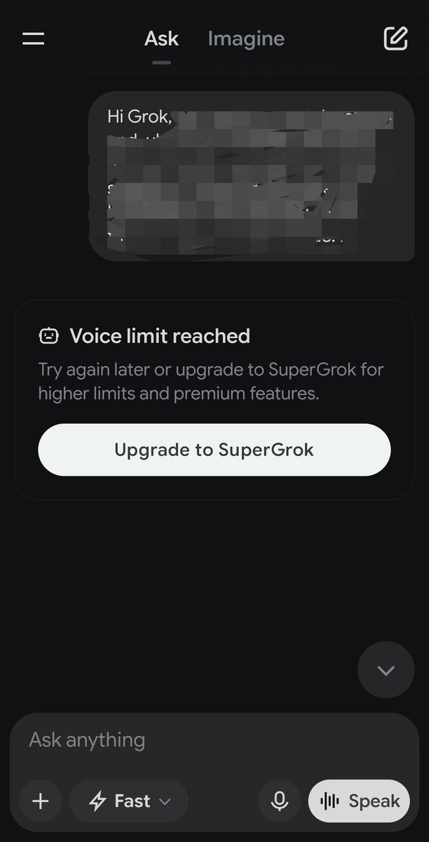 devprofr's tweet photo. Grok voice used to be really good but now it's useless if you don't pay. Stops after one sentence... Too bad. https://t.co/kuXAwXf7UJ