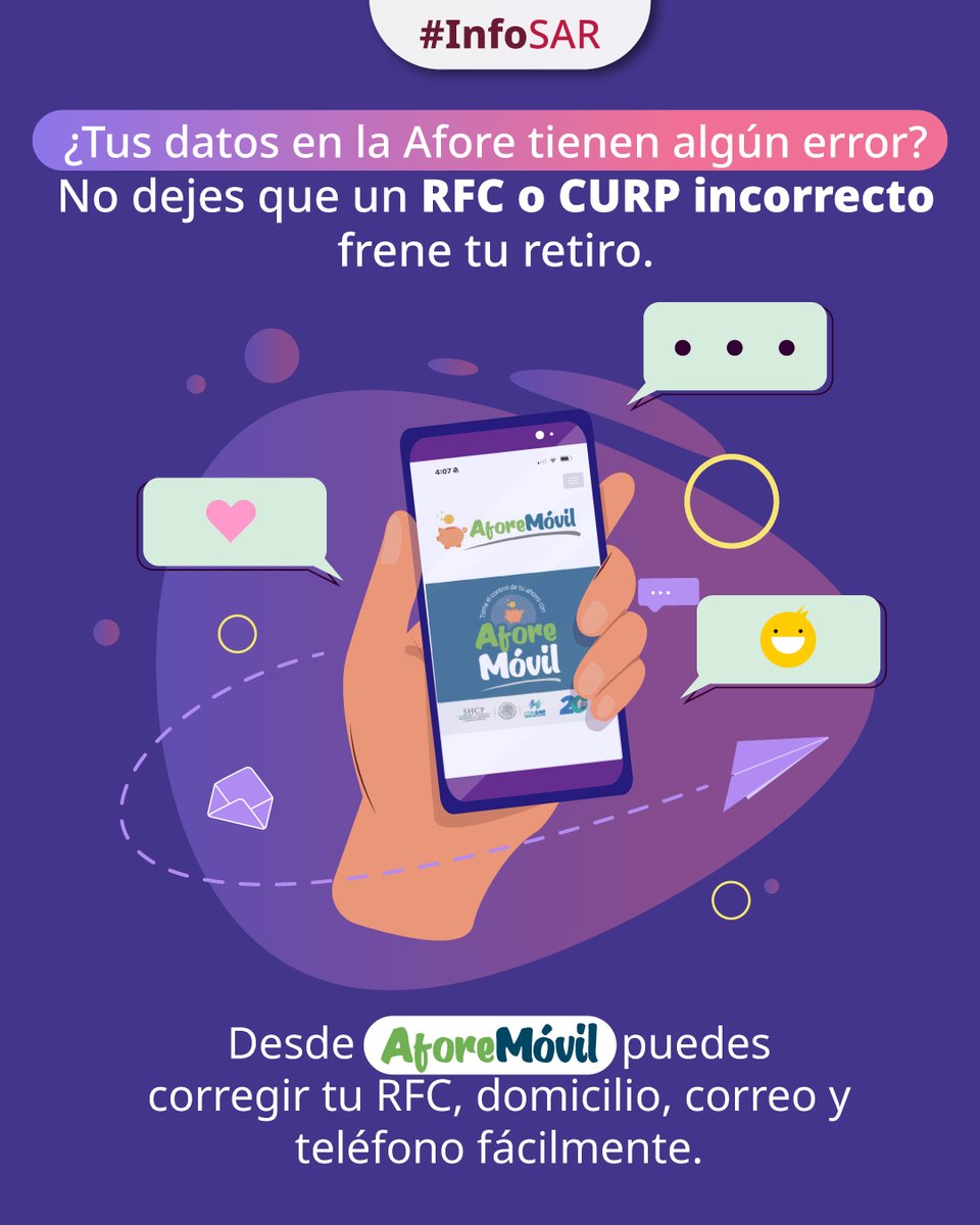 CONSAR_mx's tweet photo. ¡Tu retiro sin trabas empieza con tus datos en orden! 📄✨
Usa la App #AforeMóvil para corregir RFC, domicilio o teléfono sin salir de casa. Si necesitas cambios mayores, ten listos tus documentos oficiales. 🗂️✅
👉 https://t.co/WyqzE1BWKY
#InfoSAR #CONSAR https://t.co/yRS05EhtaZ
