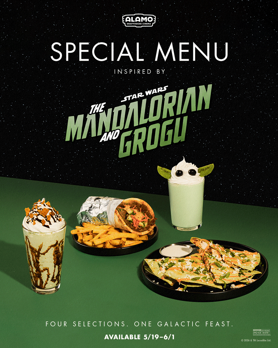 alamodenver's tweet photo. Journey to the Outer Rim with our exclusive STAR WARS: THE MANDALORIAN AND GROGU menu featuring film-inspired faves like THE FORCE FOLD, our spicy BOUNTY WRAP, the GALACTIC PISTACHIO SHAKE and THE LITTLE GREEN SHAKE — topped with suspiciously familiar eyes and ears. https://t.co/2pDfkLG1ng