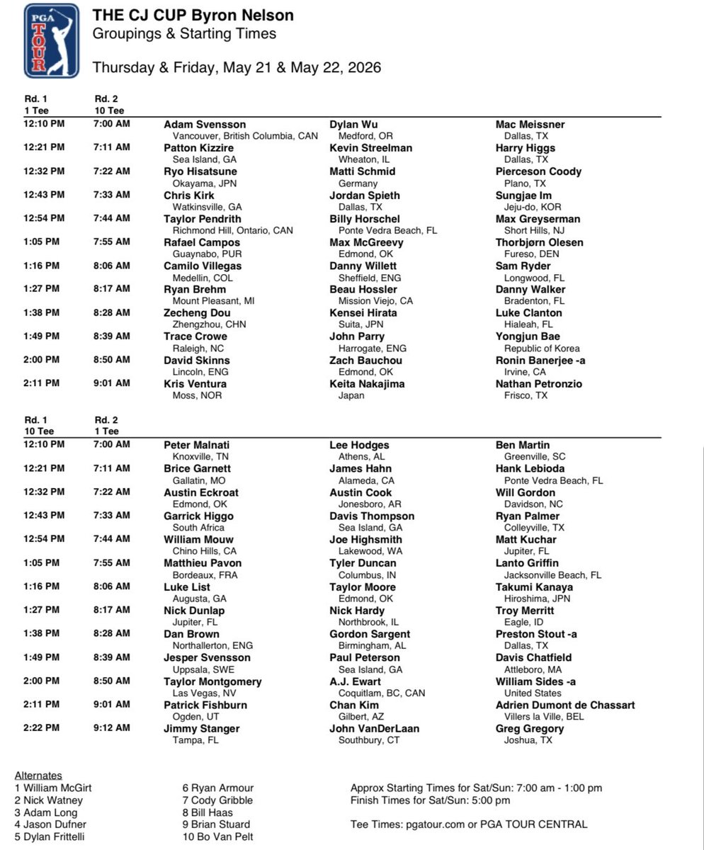 PGATOURComms's tweet photo. Tee times for the first and second round of THE CJ CUP Byron Nelson: https://t.co/qlwnELOJaL