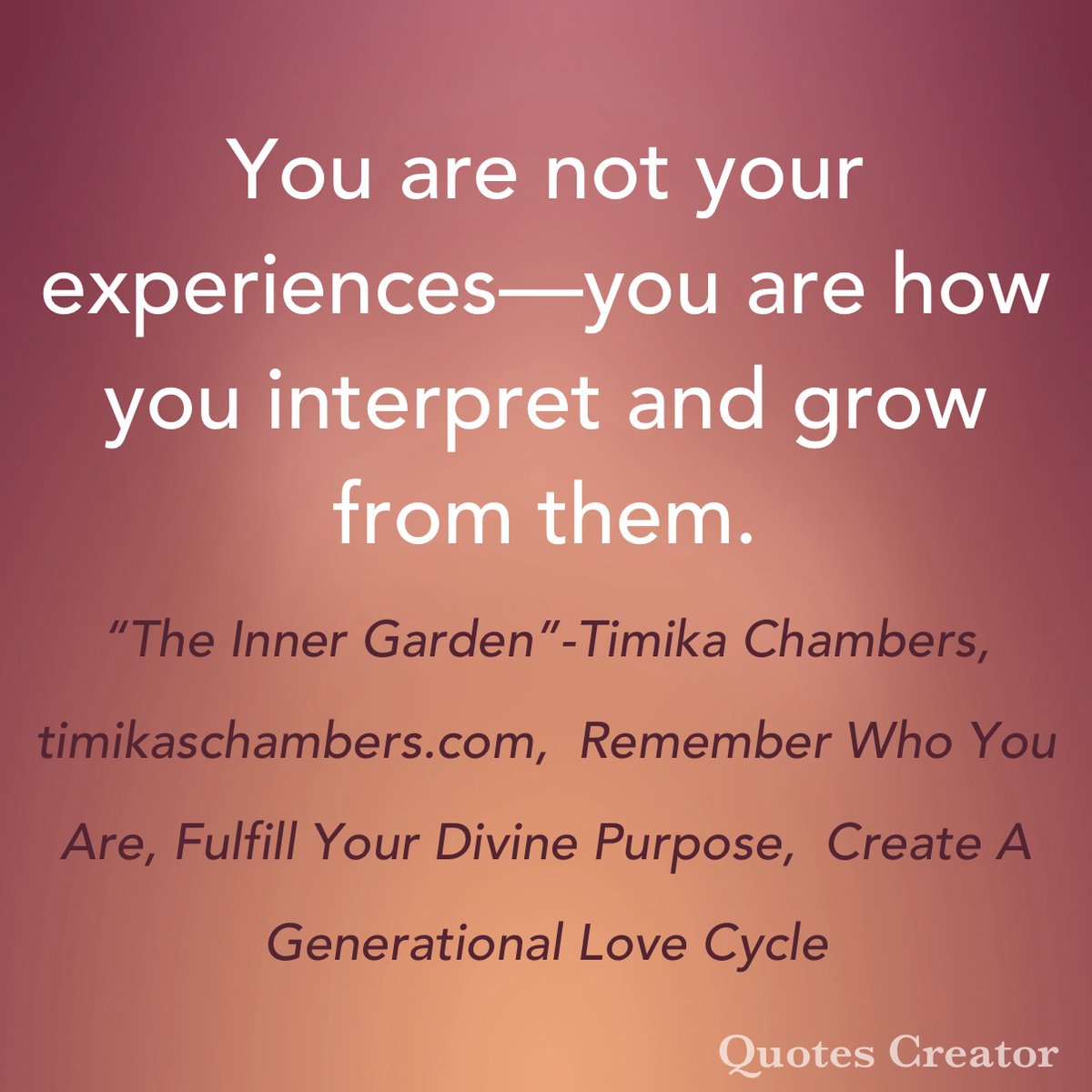 TimikaSChambers's tweet photo. What can you learn from your experiences about yourself? No guilt. No shame. Just awareness.
https://t.co/B3ch5R14So

#theinnergarden #emotionalhealing #generationalhealing #nclex #mindset 

Timika Chambers
Author of The Inner Garden https://t.co/Qdwu2vyllr