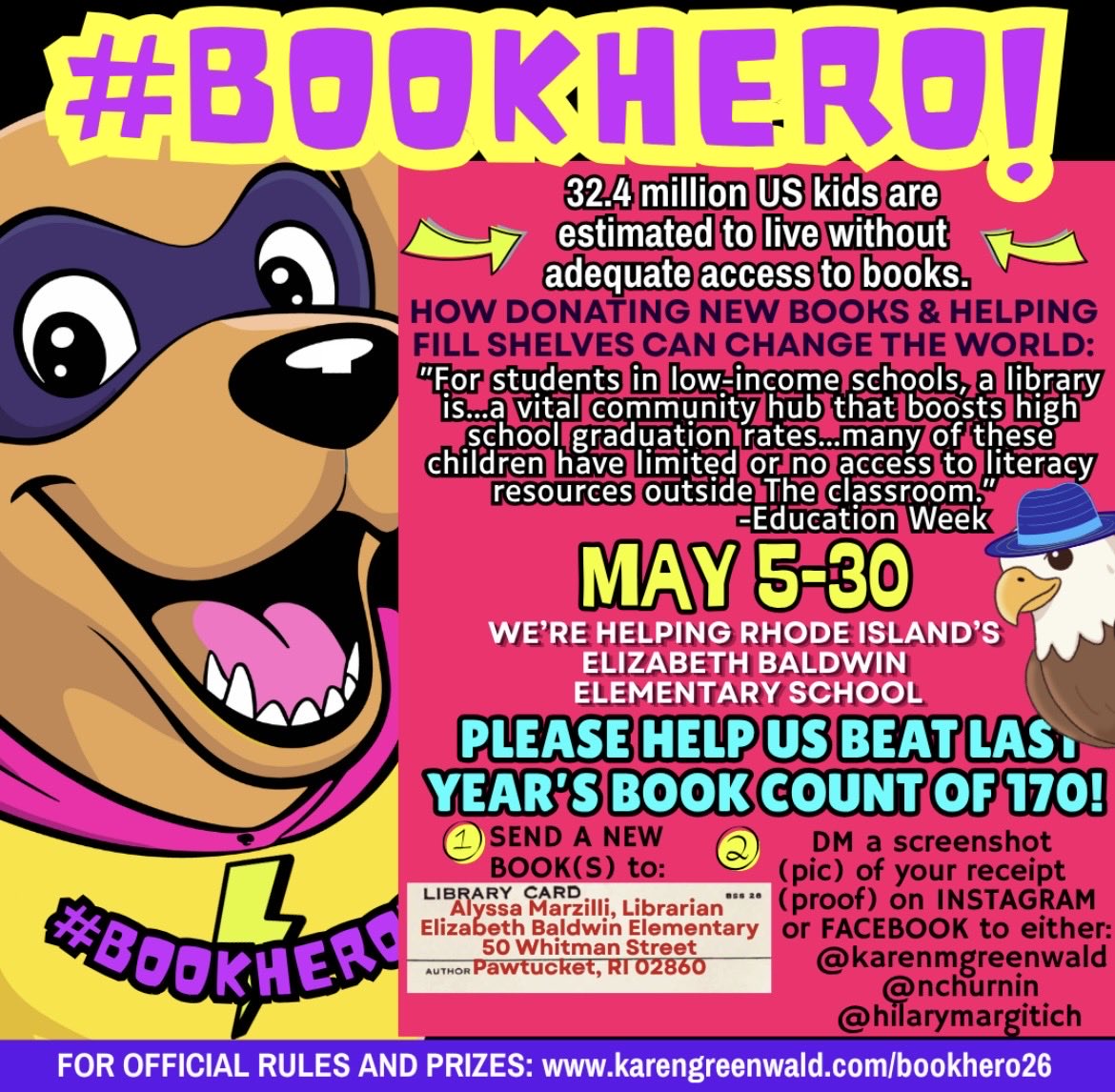 HMargitich's tweet photo. Kidlit community: We’d love for you to be a part of Elizabeth Baldwin Elementary’s library story. Please reach out to me with any questions! 
@ReaderToReader @nchurnin 
#literacy #schoollibrary #bookdrive #kidlit https://t.co/6c9J3ldgVJ