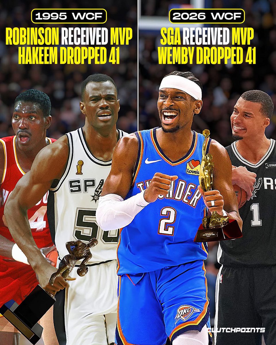 ClutchPoints's tweet photo. As they say… history often repeats itself 👀

On May 24th, 1995, before Game 2 of the WCF, Hakeem Olajuwon watched David Robinson receive the MVP award after an incredible regular season.

Many believed Robinson deserved the award…but many also still believed Hakeem was the better overall player when it mattered most.

That same night, Hakeem responded by completely ruining Robinson’s MVP celebration with an all-time playoff masterpiece:

🔹 41 points
🔹 16 rebounds
🔹 4 assists
🔹 3 blocks
🔹 2 steals

Now, nearly 31 years later to the day…history gave basketball fans a wild coincidence.

Shai Gilgeous-Alexander received his MVP award before Game 1 of the WCF against the Spurs…and that same night, Victor Wembanyama answered with a ridiculous two-way performance of his own:

🔹 41 points
🔹 24 rebounds
🔹 3 assists
🔹 1 steal
🔹 3 blocks

Absolute domination on both ends of the floor.

Two different eras.

Two legendary big men.

Two MVP nights spoiled by monster performances.

An unbelievably unique coincidence in NBA history 🍿