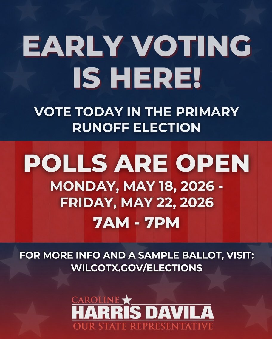 CarolineForTX's tweet photo. Early voting for the Primary Runoff has officially begun! Voting locations across the county are open from 7am to 7pm from May 18-22, so now is the perfect time to get out and vote! 

Election Day will be May 26 (the Tuesday following Memorial Day). 

Visit https://t.co/luTzLrxEhQ for locations, hours, a sample ballot, and more information. #txlege