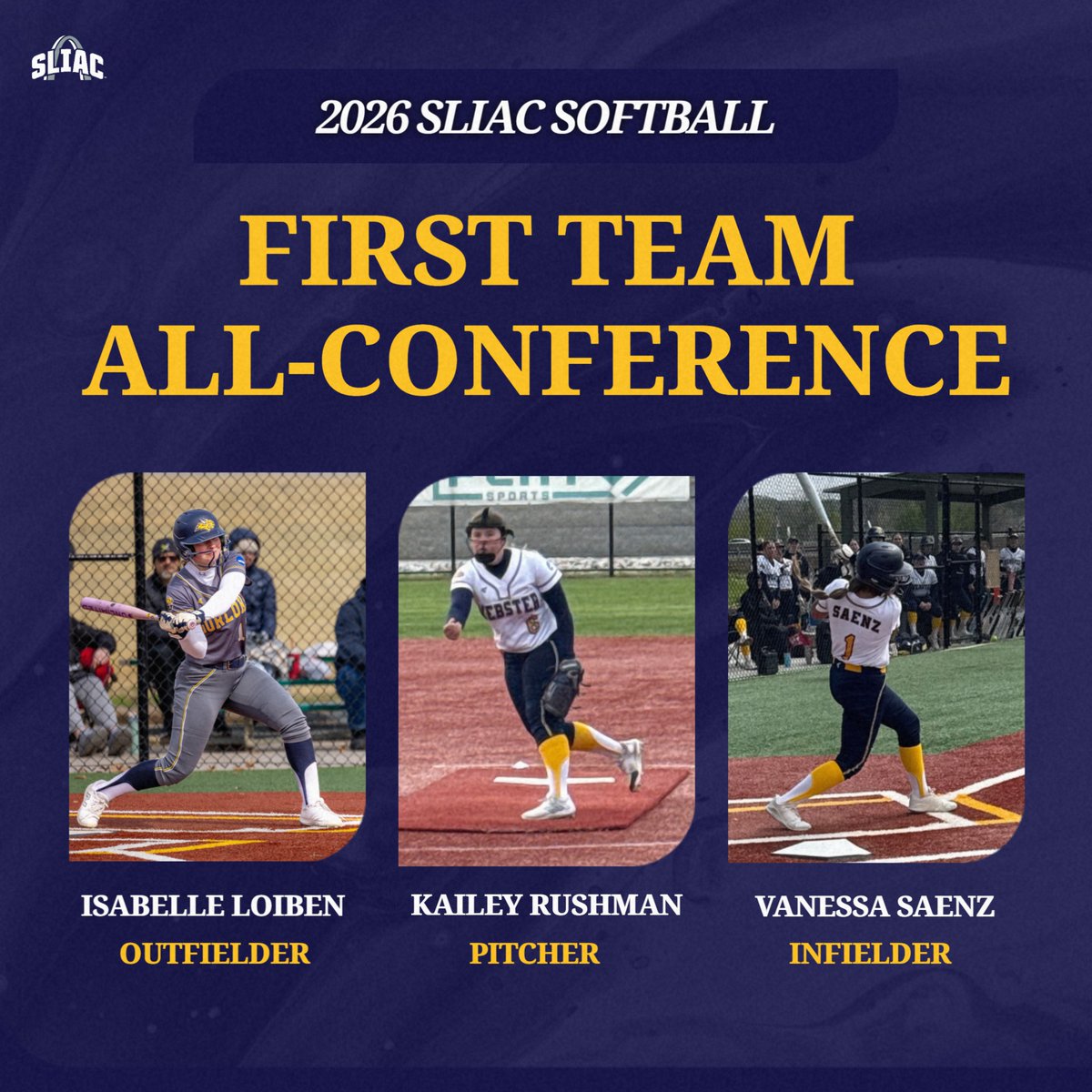 GorlokSports's tweet photo. SB | Congratulations to Isabelle Loiben, Kailey Rushman, and Vanessa Saenz for being named to the 2026 SLIAC Softball First Team All-Conference Team. https://t.co/411e6uEIqP