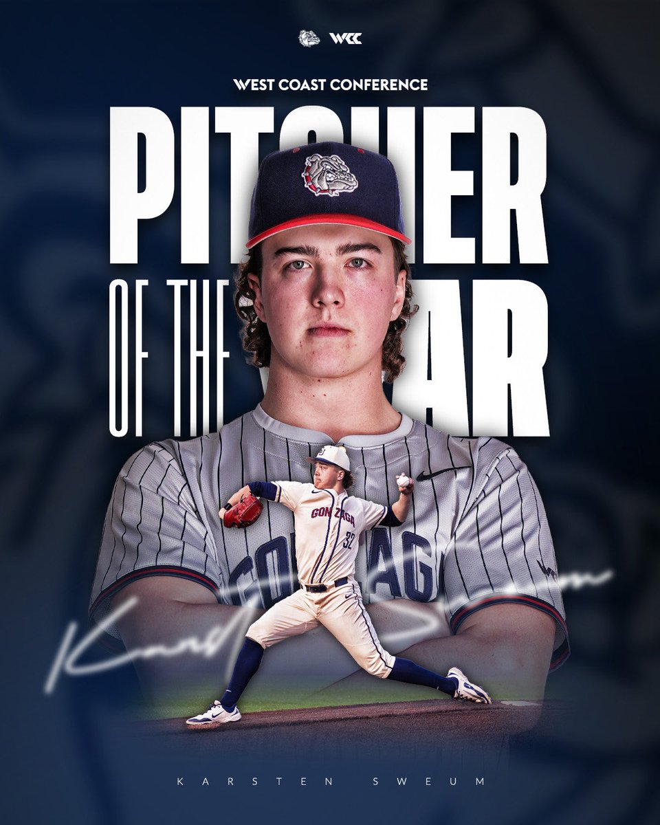 ZagBaseball's tweet photo. Karsten Sweum is the Pitcher of the Year after posting the best conference ERA in the WCC and striking out 80 batters in 55 innings! #GDTBAZ https://t.co/wJfJhqoEuH