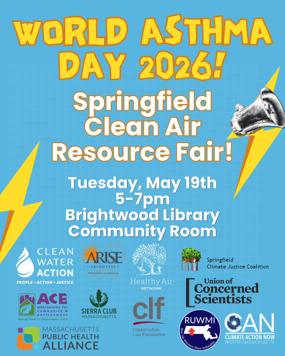 CleanH2OMA's tweet photo. TONIGHT! Beat the heat at this free event in Springfield!
Learn about area asthma resources, how you can protect your health, AND what we can do to fight for clean air in Massachusetts. 
*Plus, free food! (Yum!)
@AriseSocialJust @MassSierraClub @CLF https://t.co/bK9bNyFMha