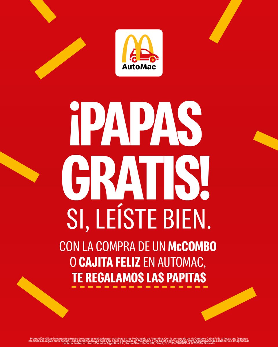 McDonalds_Ar's tweet photo. No es bait! Hacé tu pedido por AutoMac y te regalamos las papitas para el camino 😉 https://t.co/rngtUnuhvf