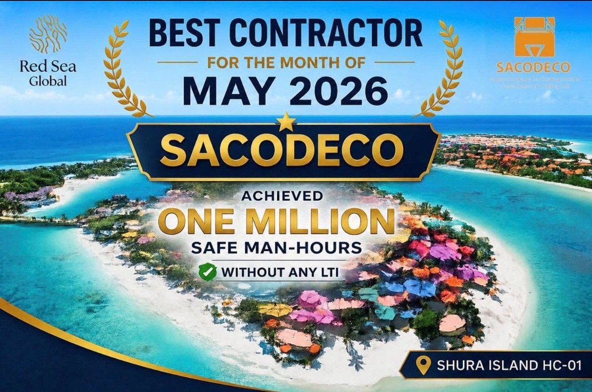BIHG_Official's tweet photo. At BIHG, we are proud of SACODECO, one of CPC Holding’s top-performing subsidiaries, for achieving this important milestone and being recognized by Red Sea Global with the Best Contractor – Health & Safety Award for the P7 Project – May 2026.

Achieving 1,089,756 safe manhours with zero Lost Time Injuries reflects SACODECO’s strong safety culture, operational discipline, and commitment to excellence across CPC Holding and the wider BIHG group.

Congratulations to the SACODECO team and all project stakeholders on this outstanding achievement.

#BIHG #CPCHolding #SACODECO #SafetyExcellence #HealthAndSafety #RedSeaGlobal #SaudiArabia #Vision2030