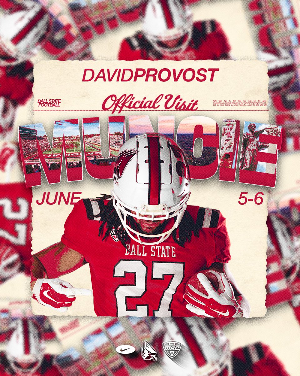 David_Provost77's tweet photo. I am pumped up to be back down in Muncie for my Official Visit with @BallStateFB! I appreciate the relationships I’ve built with everyone there! 
@CoachU_BSU @Coach_ABarr @Joey_Suchy @CoachGreenstone @TPenningerFB 
@wdp_football @KyleSteuck58 @CoachHansen2 @coachwirtz https://t.co/GfF6SyKf6f