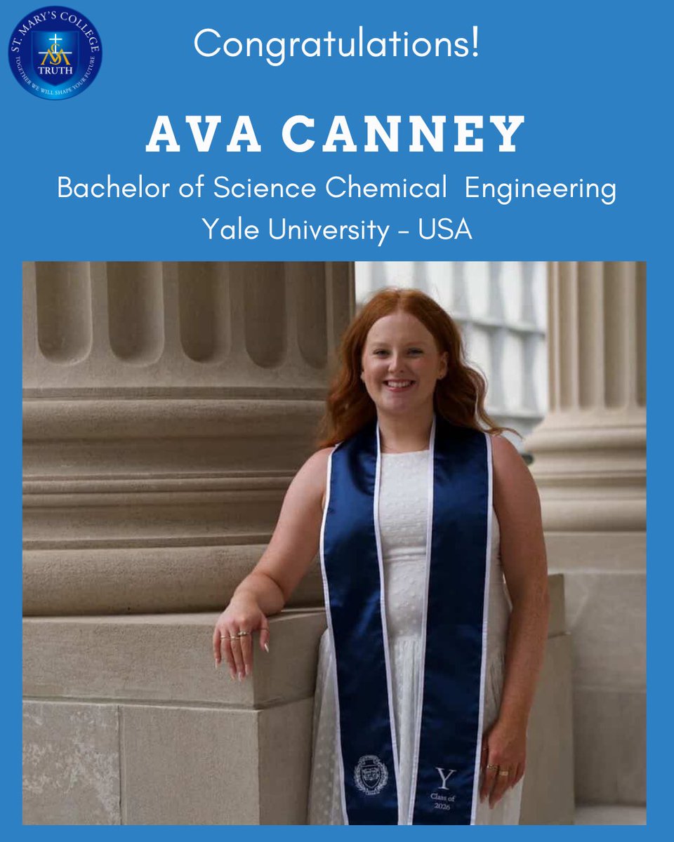 StMarysDerryTD's tweet photo. 🎓 Huge congratulations to @SaintMarysDerry past pupil #STEMgirl Ava Canney on graduating from Yale University 🇺🇸 with a BSc in Chemical Engineering.  We look forward to seeing what the future holds for Ava. #YaleGraduate #STEM #HardWorkPaysOff #Inspiration https://t.co/tQPdAStJbq