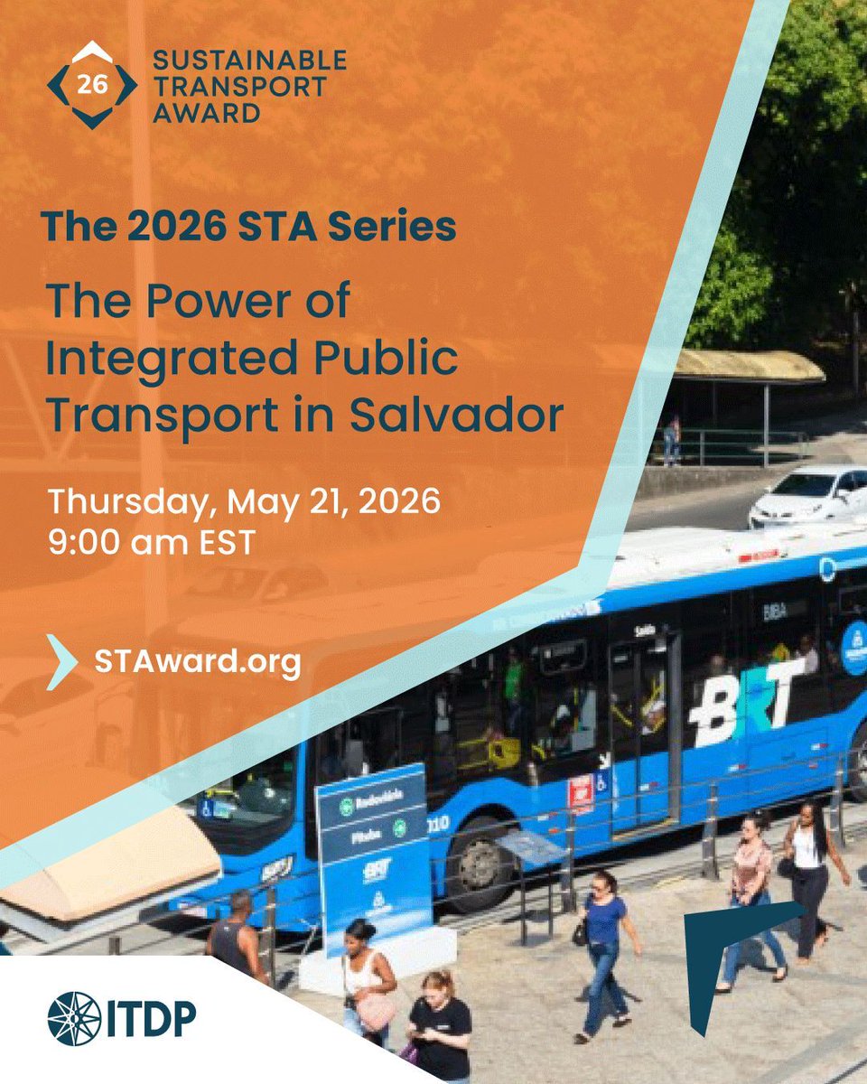 ITDP_HQ's tweet photo. This Thursday join us for the first installation of the 2026 STA Series diving into the BRT interventions that earned Salvador, Brazil the 2026 #SustainableTransportAward.

Live translations in Portuguese will be available. 

Register here 👉 https://t.co/XBUN1jqtFF 

#STA2026 #STA26 #STA