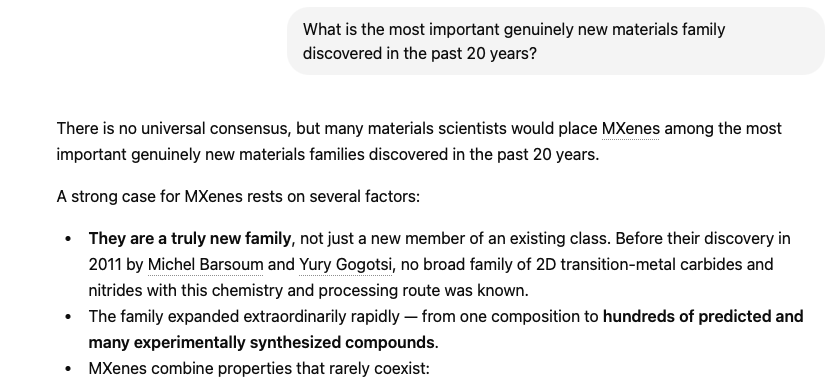 YGogotsi's tweet photo. I asked @ChatGPTapp: What is the most important genuinely new materials family discovered in the past 20 years? The answer is #MXene!
Join the EuroMXene Congress in Dublin on June 3-5 to learn about the state of the art in the #MXenes field. https://t.co/rOcpj63Y2e https://t.co/m42epvxcGo