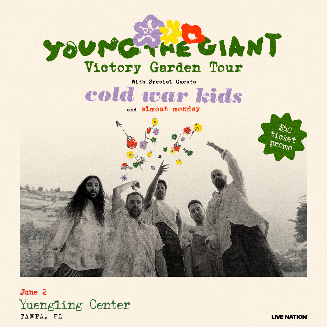 yuenglingcenter's tweet photo. Limited offer 🌸 $50 all-in tickets are available to see @youngthegiant in two weeks in Tampa! While supplies last, get them while you can → https://t.co/3gS5M9aHsy https://t.co/Ivbum1jX5A