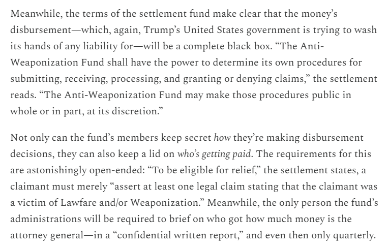 EggerDC's tweet photo. Maybe the most staggering thing about the "Anti-Weaponization Fund" is how much of a black box it is. Five hand-picked Trump goobers empowered to set 100 percent of the procedures and make 100 percent of the decisions w/ zero oversight or transparency.

https://t.co/Yra3fQWQ5n https://t.co/i38edyGz9m