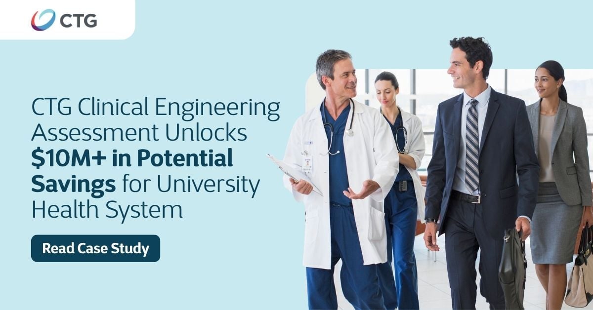 CTGinc's tweet photo. CTG worked with a university health system to evaluate not just headcount, but the entire Clinical Engineering function—spanning processes, structure, and tech. After analyzing 106,000+ assets and a year of service spend, we uncovered big opportunities: https://t.co/DPvYIzncdo https://t.co/e4358QSC7X