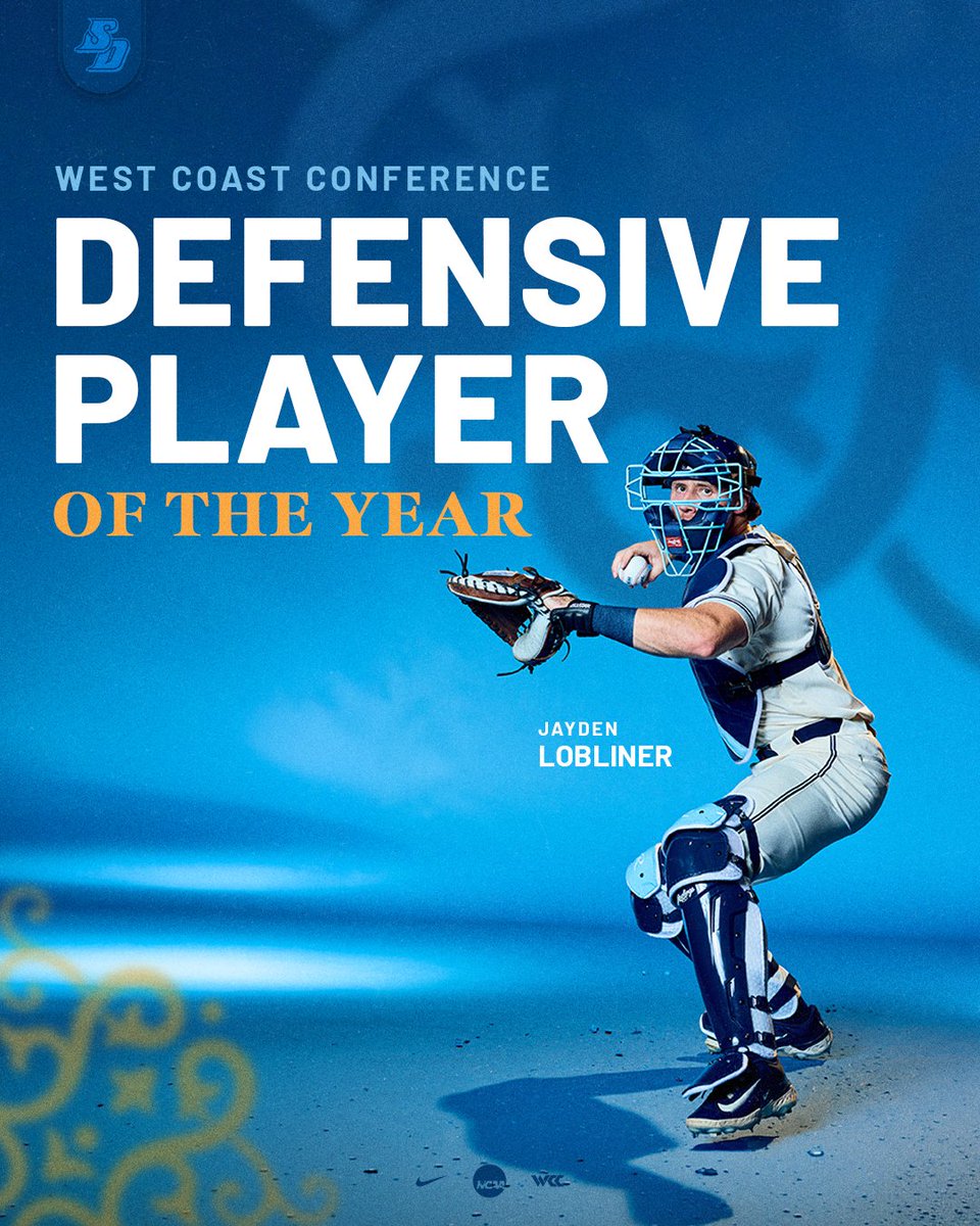 USDbaseball's tweet photo. .@jayden_lobliner remains the gold standard for defense in the West Coast Conference 🌟

The senior catcher is now the first athlete in conference history to repeat as the WCC Defensive Player of the Year!

#GoToreros https://t.co/dbWVL2Ng3p