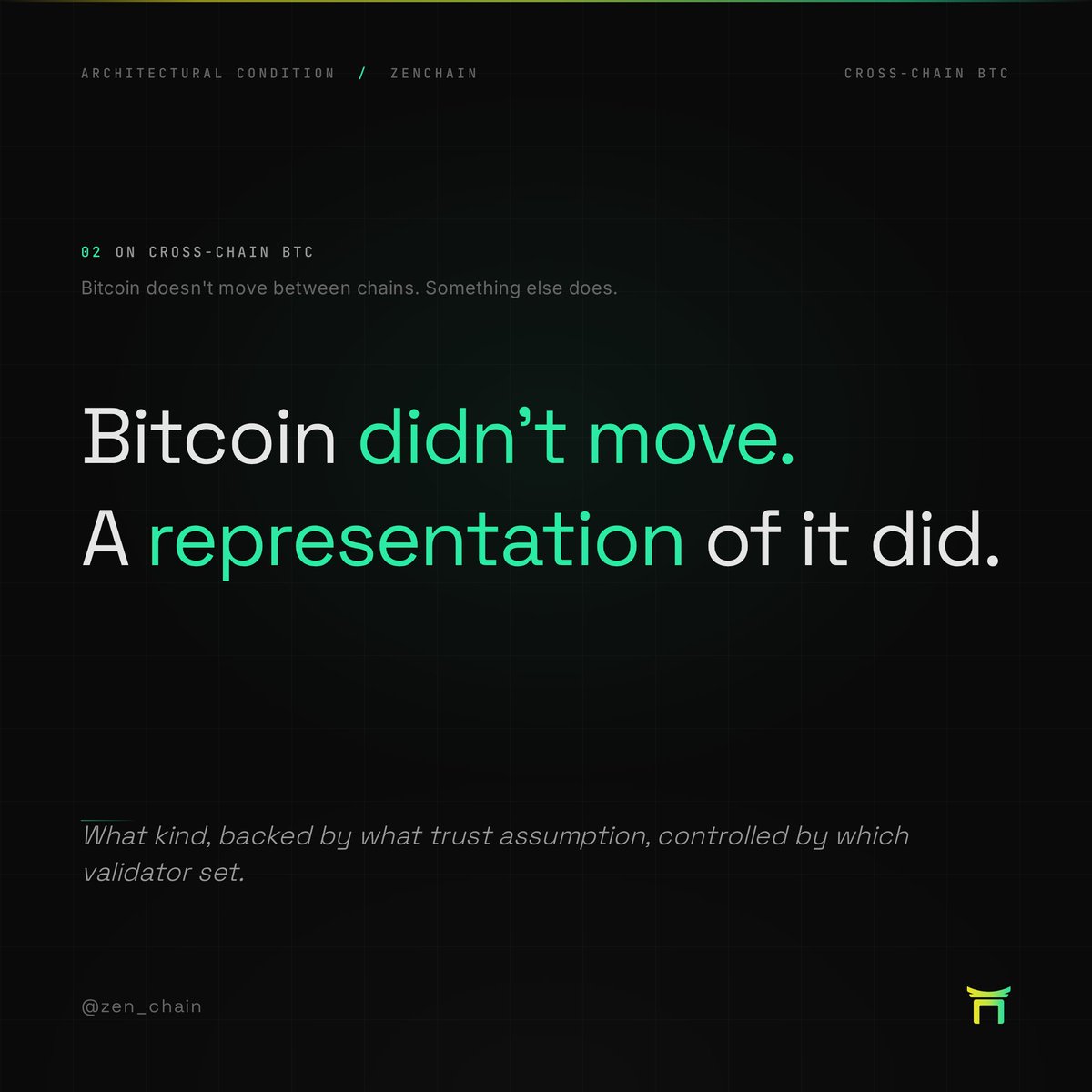 zen_chain's tweet photo. What does it actually mean when someone says Bitcoin moved to another chain? 

Bitcoin didn't move. A representation of it did. 

The question is what kind of representation, backed by what trust assumption, controlled by which validator set. https://t.co/wnV2D7HF2I