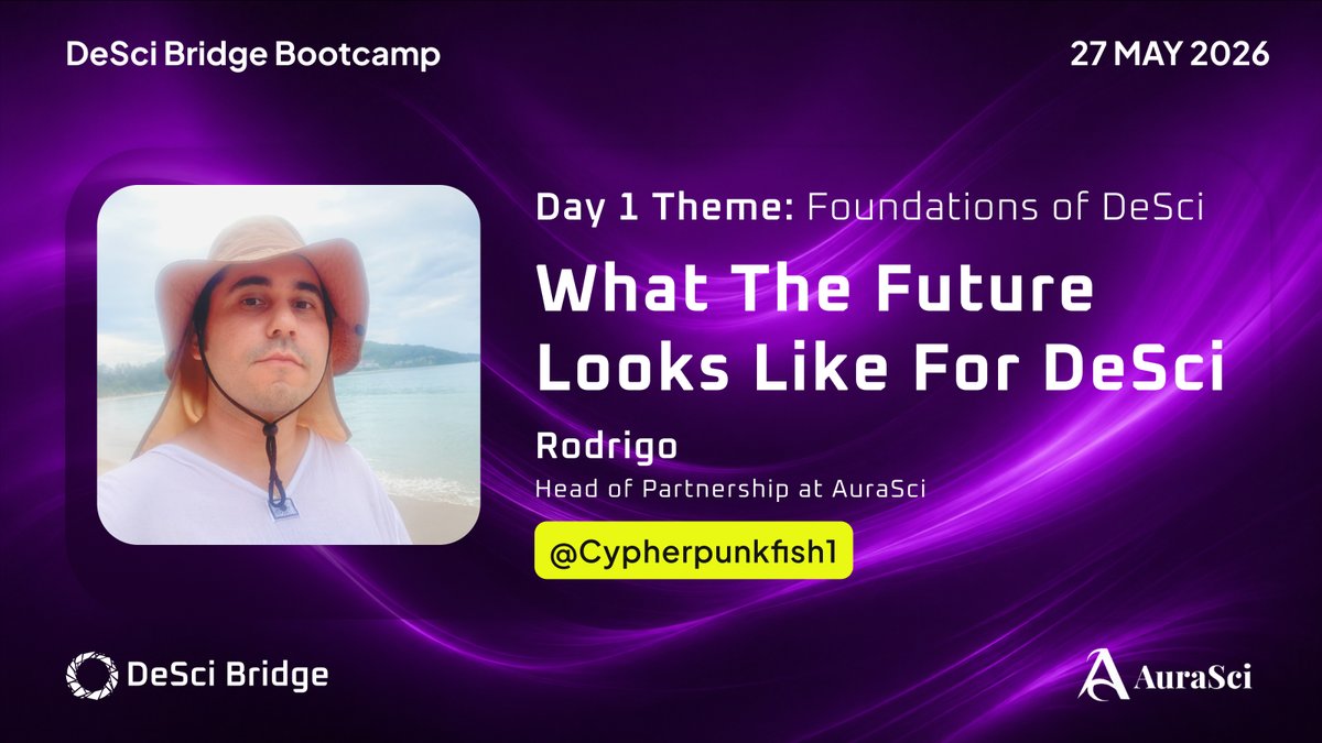 DeSciBridge's tweet photo. What does the future of DeSci actually look like?

Excited to have Rodrigo @Cypherpunkfish1 from @Aura_Sci joining the DeSci Bridge Bootcamp for a session on:

“What the Future Looks Like for DeSci”

From emerging trends to the long-term vision of decentralized science, this session will explore where the ecosystem is heading and why now is the time to pay attention.

Don’t miss it.

Register 👇
https://t.co/qH3zgwxPCT