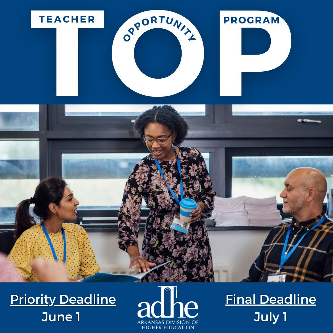 ArkHigherEd's tweet photo. Are you an Arkansas teacher or administrator? You may be eligible for a tuition reimbursement grant through the Teacher Opportunity Program! Learn more at https://t.co/P8Kdo8PKyy. https://t.co/jEgQ56opo6