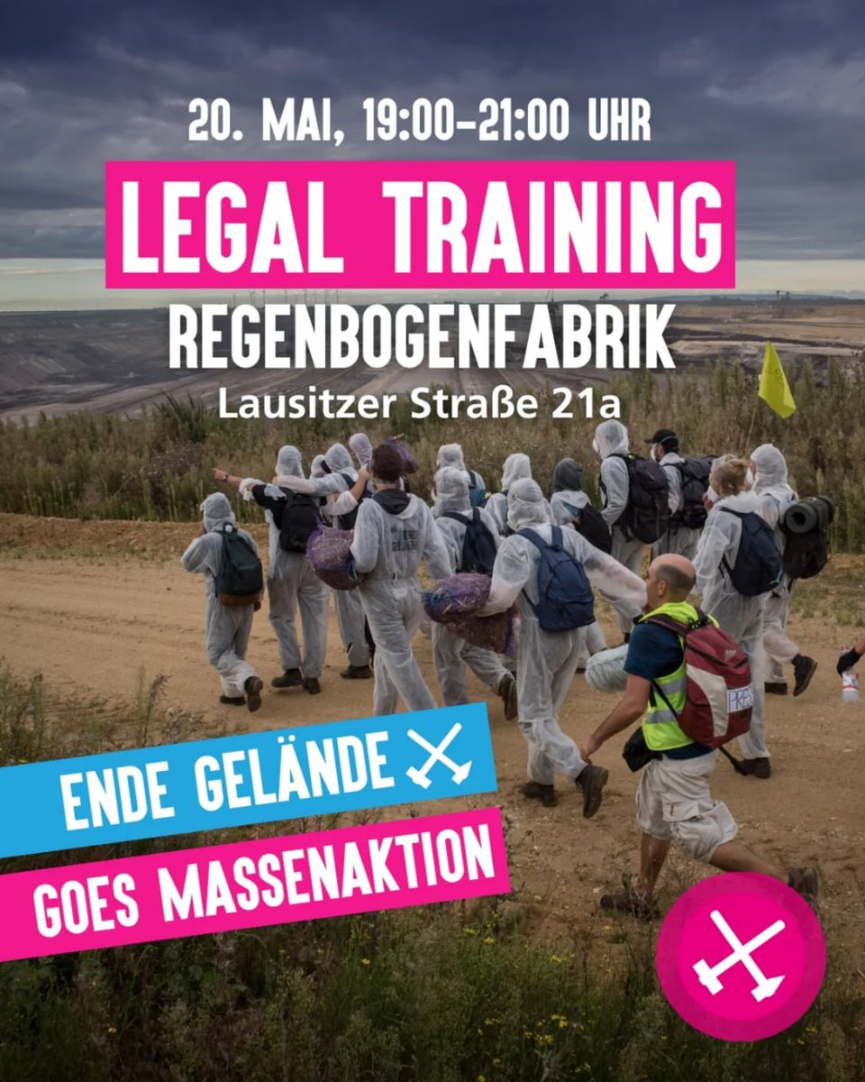 BerlinDemo's tweet photo. 💥Ankündigung! Mittwoch 20.05.2026💥
❤️🔥⚒️ Ende Gelände Legal Training in der Regenbogenfabrik ⚒️❤️🔥
20.05.2026 | 19:00 Uhr | 🌈 Regenbogenfabrik 🏭 Lausitzer Straße 21a, 10999 Berlin
Anreise: U1, U3, U8 Kottbusser Tor
📣 Aufruf: https://t.co/GrNQy4uXBk
#b2005 #EndeGelände https://t.co/TqhyMIweLr