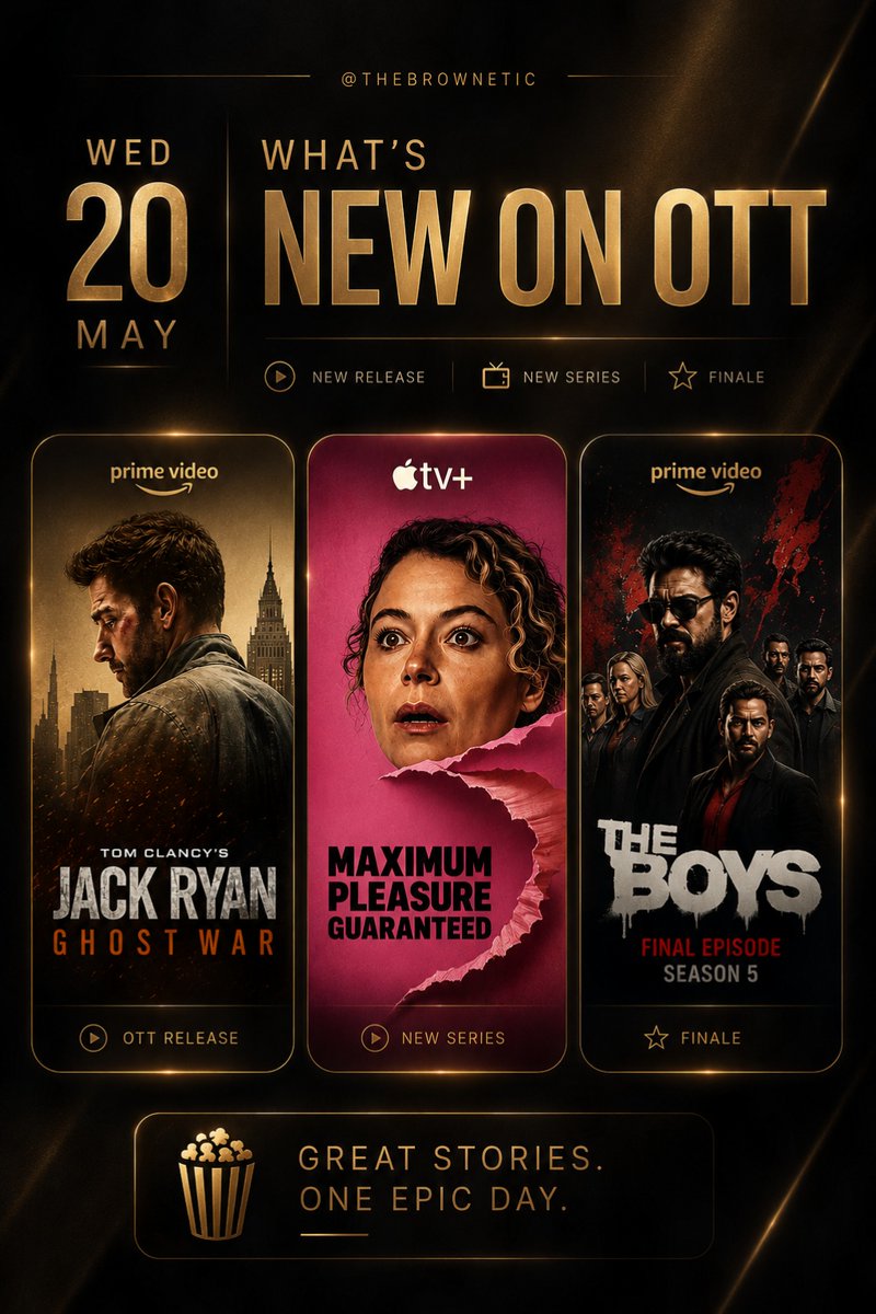 thebrownetic's tweet photo. WED 20 MAY 🍿
• Tom Clancy’s Jack Ryan: Ghost War
• Maximum Pleasure Guaranteed —
• The Boys — Final Episode of Season 5
Which one’s first on your watchlist? 👀
#20May #OTTUpdate #JackRyan #TheBoys #StreamingNow https://t.co/932ivEWCuO