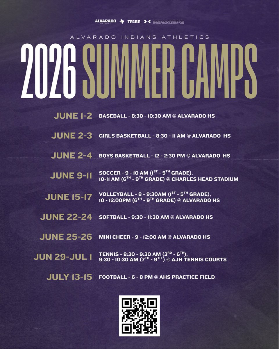 AlvaradoSports1's tweet photo. 🏹 SUMMER ATHLETIC CAMPS 🏹

SUMMER IS HERE! Use the link below to find all the registration links.

https://t.co/i6kU66T3qP https://t.co/RI7Ma405Kr