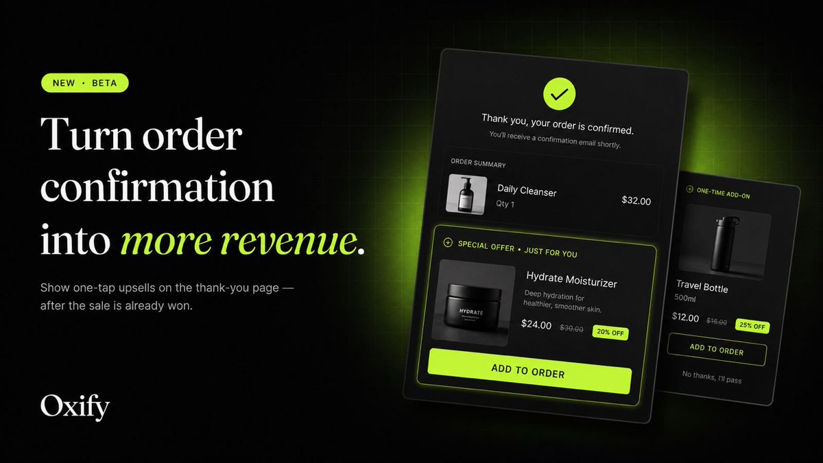 jayant_oxify's tweet photo. 🚀 HUGE UPDATE 🚀

Your customers already trust you after checkout…

Now it’s time to increase AOV at the perfect moment 😮‍💨
We’ve officially released Thank You Page Upsells in Beta 🎉

✨ One-click post-purchase offers
✨ Higher AOV without hurting conversion
✨ More revenue from the same traffic 💰

This is just the beginning 👀
Download Oxify Cart Drawer & Upsell now 🚀