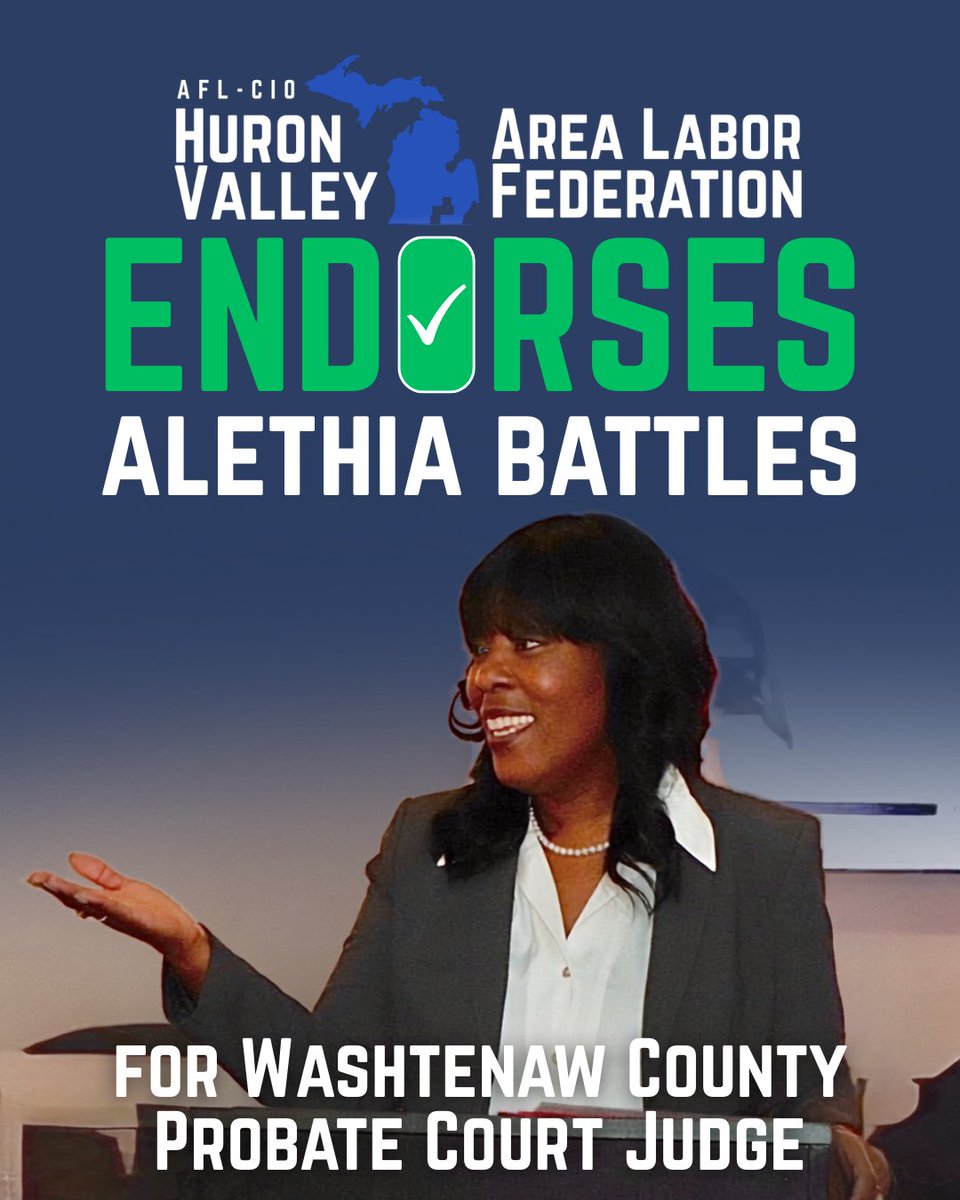 HVALF_AFLCIO's tweet photo. 🗳️HVALF endorses Alethia Battles for Washtenaw County Probate Court Judge. 

Battles's working class background and experience as a social worker grounds her approach to justice. HVALF is proud to support her campaign. 

#labormovement #unionstrong https://t.co/njj8bZYsIC